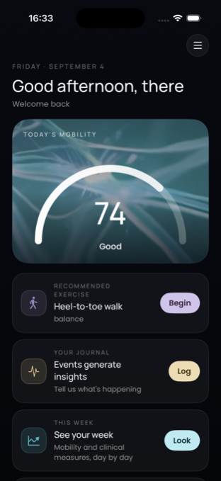 The limber app home screen showing today's mobility score of 74 with a recommended exercise, journal, and weekly view