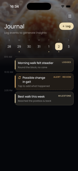 Journal screen: logged events, alerts and milestones on a timeline