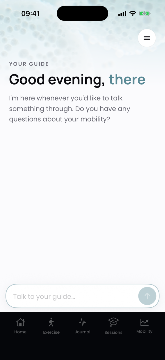 Guide screen: a personal guide greets you and answers questions about your mobility