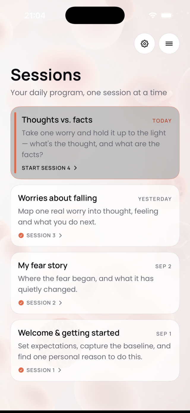 Sessions screen: your daily program, one session at a time