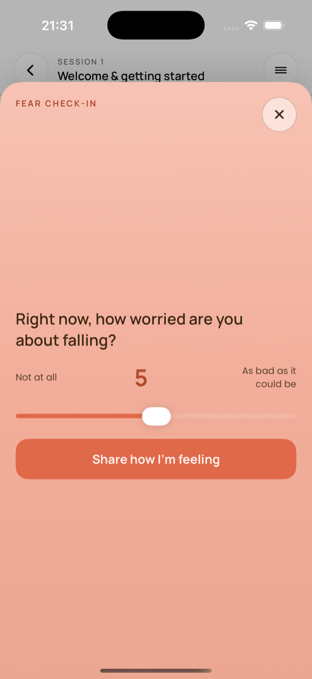 A session check-in asking how worried you are about falling, with a slider