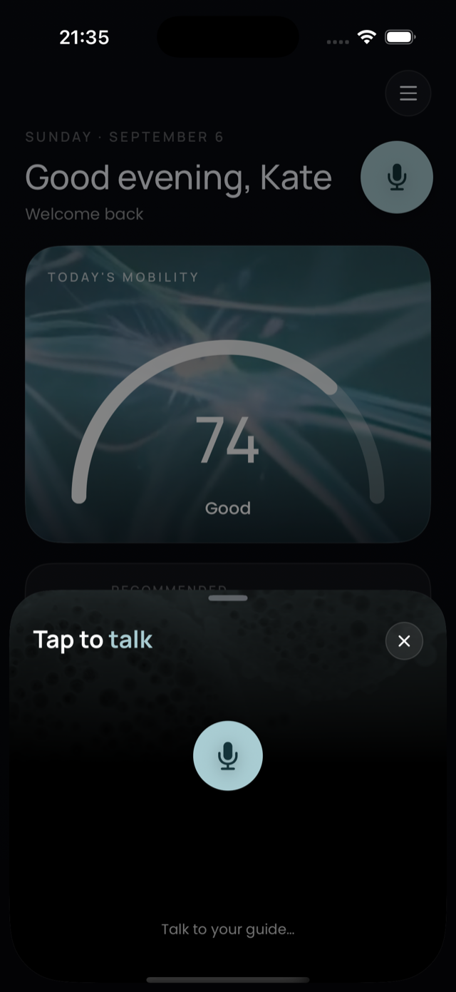 The floating mic button opens Lumi with a Tap to talk panel over the home screen