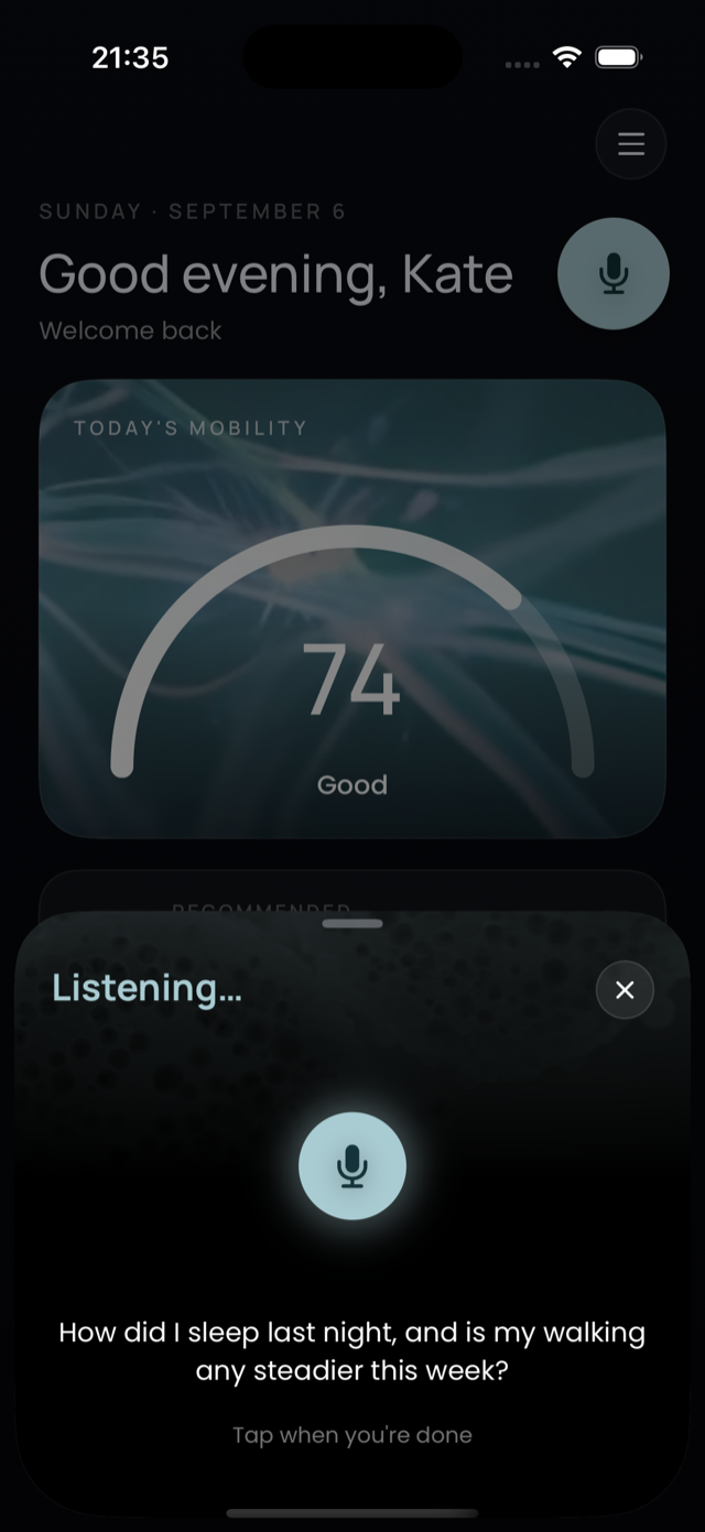 Lumi listening: the heading reads Listening and the user's spoken words appear on screen